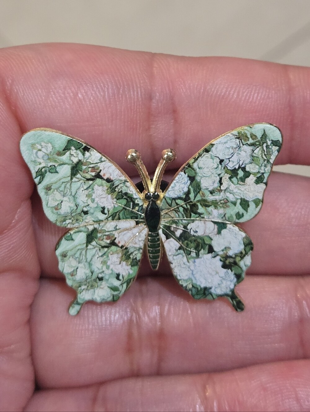 Floral Green Enamel Butterfly Pin Brooch